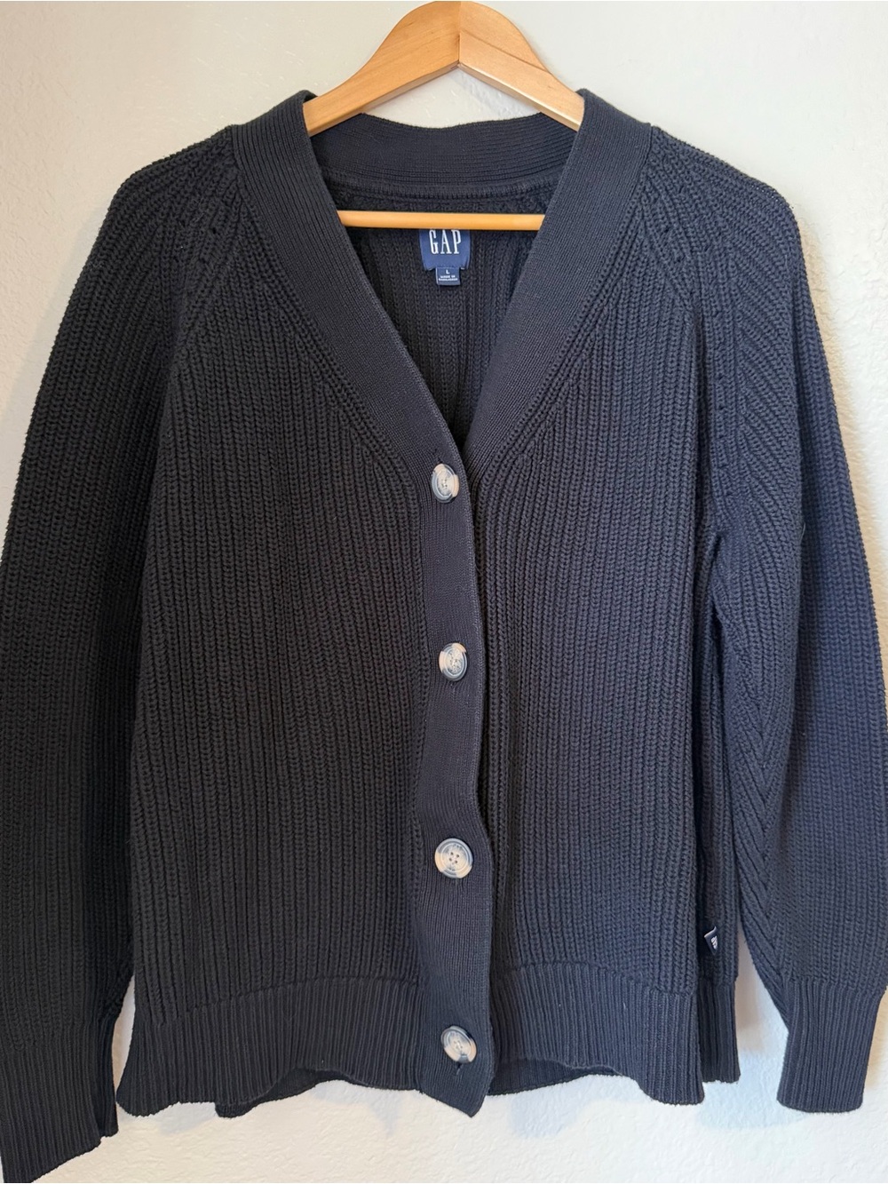 Gap Black 100% Cotton Textured Knit V Neck Cardigan Sweater Marbled Buttons L